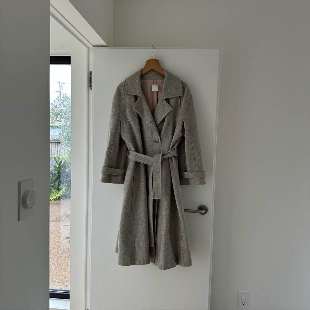 Vintage Herringbone Wool Gray Belted Coat